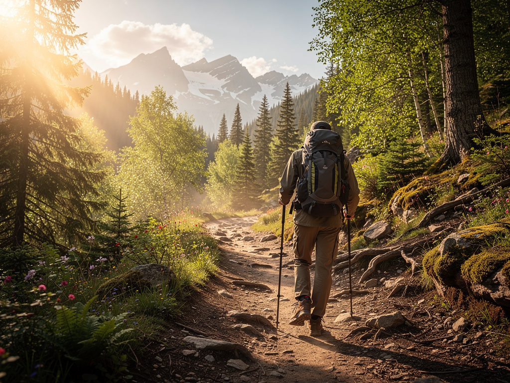 Un homme au début d'un chemin de randonnée