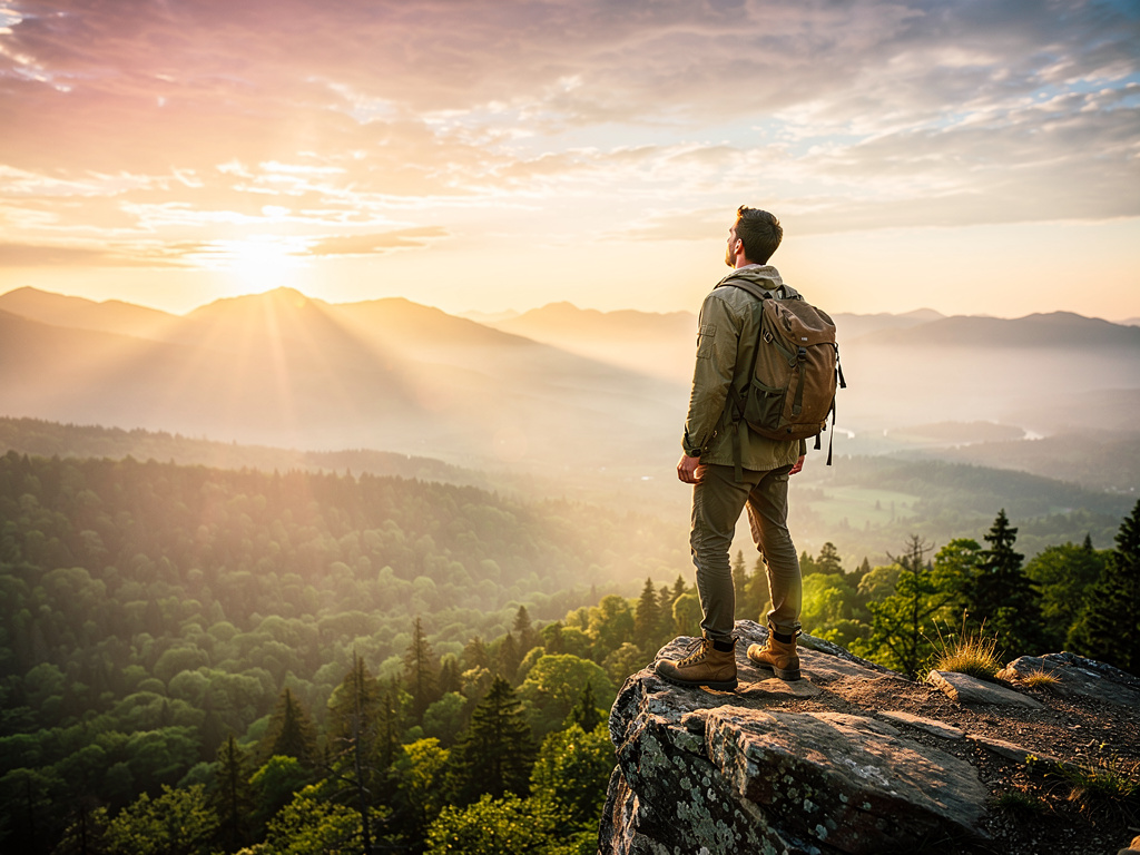 Image symbolisant une nouvelle aventure, un homme se tient debout en haut d'un rocher surplombant une forêt, il regarde au loin le soleil couchant.